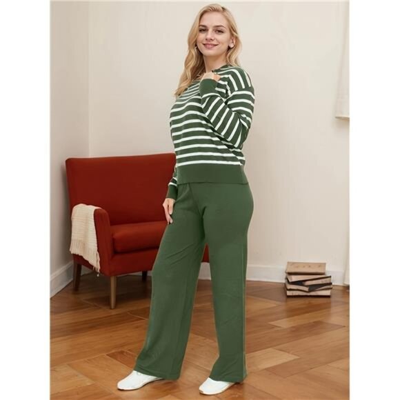 NEW -  Green  Women'S Knit Sweater Set - Pullover Striped Top With Long Pants - Picture 4 of 7